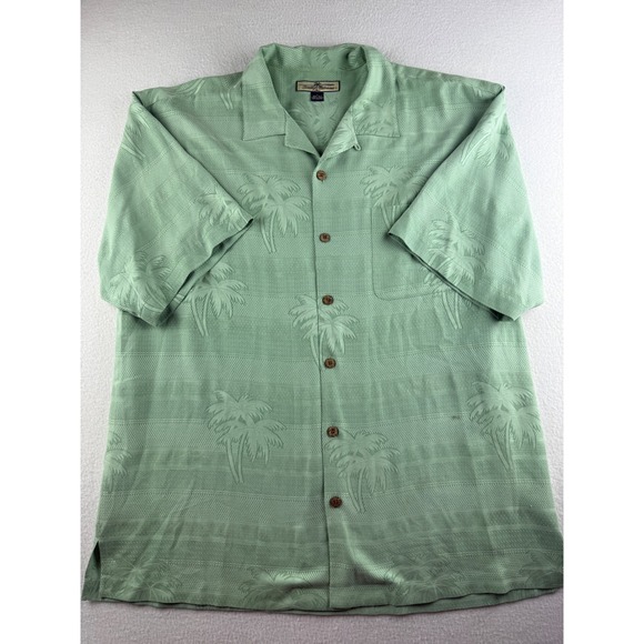 Tommy Bahama Men's L Silk Palm Tree Jacquard Camp Shirt Sage Green Short Sleeve - Picture 1 of 7